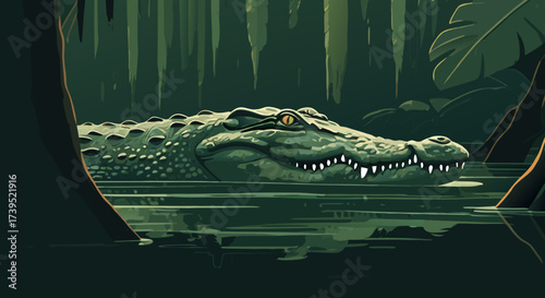 Green Alligator Floating in Water Vector Illustration Detailed Appearance.