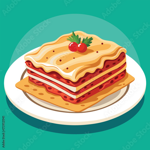 Slice of Lasagna on a Plate with Garnish italian food