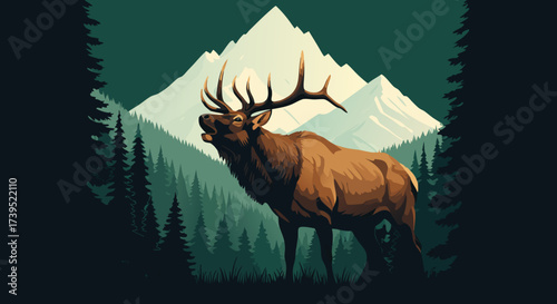 Majestic Elk with Antlers Roaring in Wilderness Landscape.