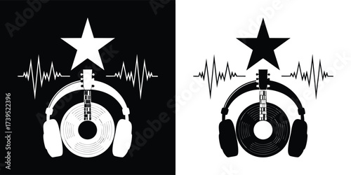 Black and white graphic illustration of a guitar with headphones, a star, and sound wave graphics, presented on both black and white backgrounds