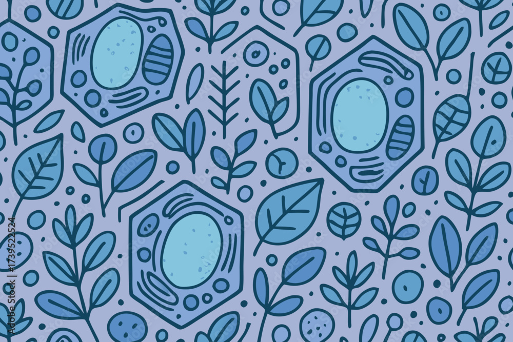 Fototapeta premium Seamless Blue Botanical Pattern Featuring Plant Cells and Leaves.