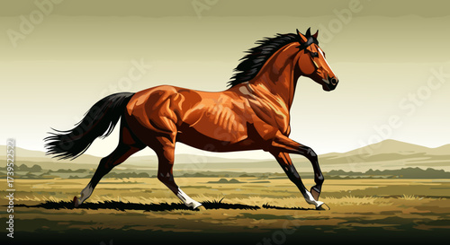 Running Brown Horse with Black Mane and Tail Vector Illustration.