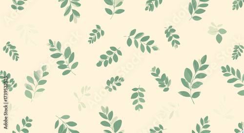 Scattered Green Leaves Pattern on Creamy Background Botanical Design.