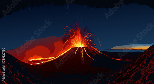 Stylized Erupting Volcano with Fiery Lava and Explosive Eruption.