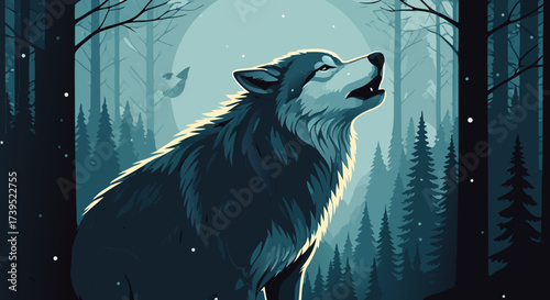 Stylized Howling Wolf in Forest Vector Illustration Night Scene.