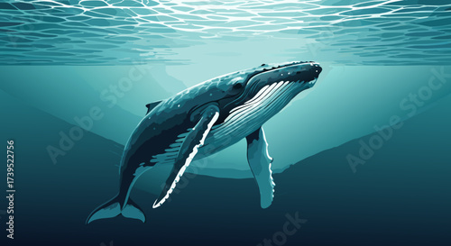 Stylized Humpback Whale Swimming Upward in Ocean Depths Illustration.