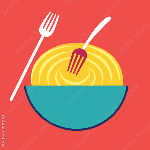 Bowl of spaghetti with forks on red background pasta