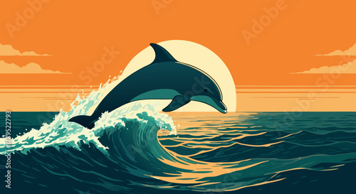 Stylized Orange Dolphin Jumping Over Ocean Waves at Sunset.