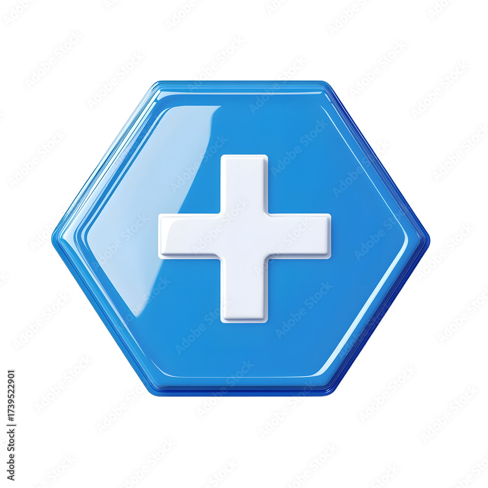Fototapeta premium Professional First Aid Station Blue Hexagon Sign White Background