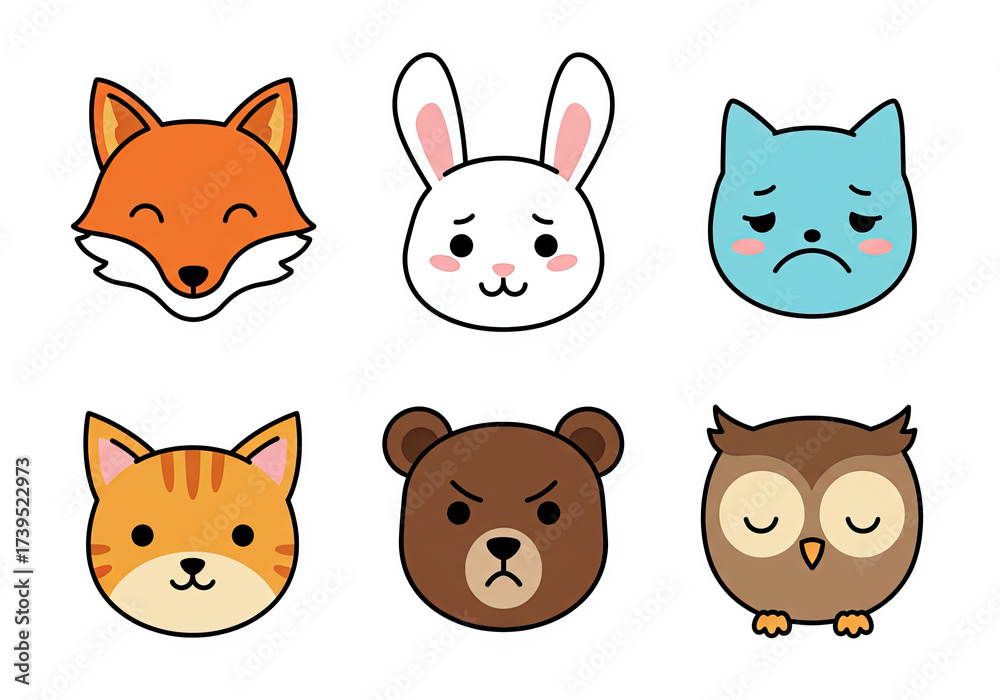 Fototapeta premium Adorable Cartoon Animal Faces Fox, Bunny, Cat, Bear, and Owl Emotions in Cute Illustrations