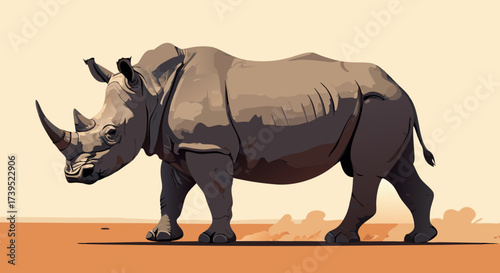 Stylized Rhino Illustration with Green Outlines and Earthy Tones.