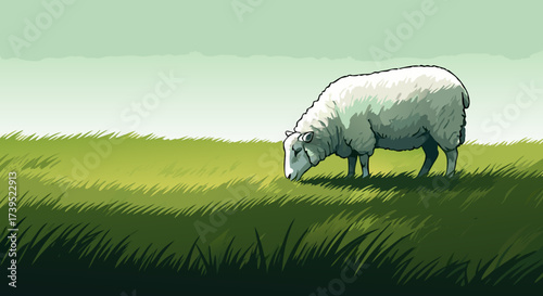 Stylized White Sheep Grazing on Green Grass in a Field.