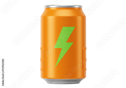 Orange energy drink can with green lightning bolt isolated, refreshment beverage for sports and active lifestyle PNG