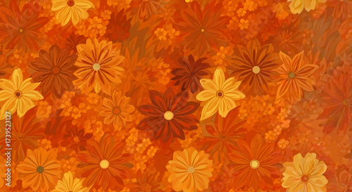 Vibrant Floral Pattern Orange Brown and Purple Flowers Arrangement.