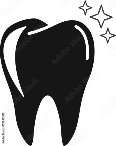 Black tooth icon with shiny sparkle symbol representing healthy clean dental care. Perfect vector design for dentistry, hygiene, clinic logos, and medical . High resolution illustration id