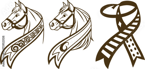 Elegant horse head illustrations with decorative flowing manes and artistic ribbon design isolated on white. Perfect equestrian artwork for logos, tattoos, and creative projects. High resolution 