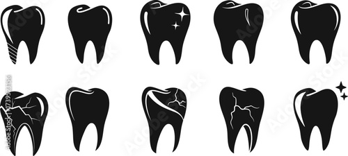 Set of black tooth icons showing healthy, damaged, cracked, and repaired dental conditions. Perfect dental care symbols for clinic, hygiene, and medical design projects. High resolution vector tooth i