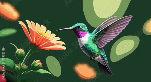 Vibrant Hummingbird in Flight Approaching a Beautiful Orange Flower.