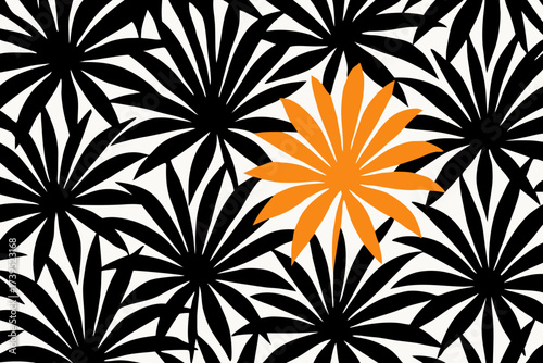 Vibrant Orange Flower Amidst Black and White Abstract Floral Pattern.