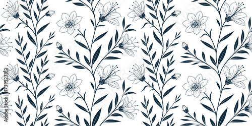 Seamless botanical pattern with black flowers, leafy stems, and branches on a white background. Elegant floral wallpaper design perfect for fabric, wrapping, and decor. High resolution vector style 
