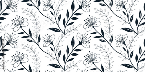 Seamless floral pattern with black flowers and leafy branches on a white background. Elegant botanical wallpaper design perfect for fabric, wrapping, and modern decor. High resolution vector floral 