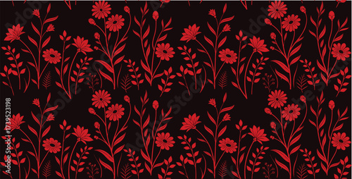 Seamless floral pattern with red flowers and leaves on a black background. Bold botanical wallpaper design ideal for fabric, wrapping, and elegant decorative projects. High resolution vector style