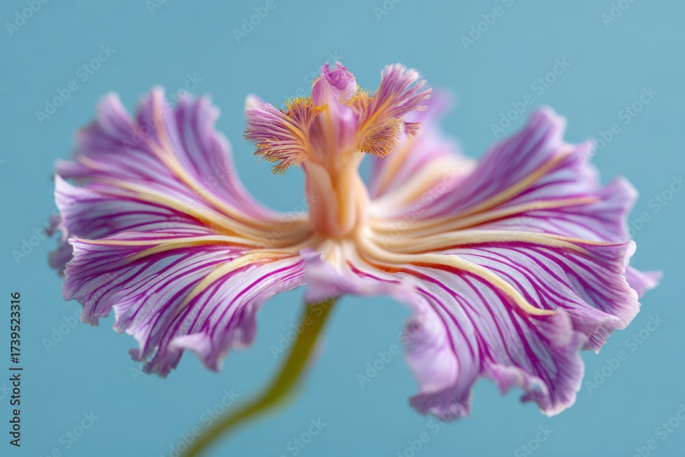Naklejka premium Close-up of a vibrant, exotic flower with intricate purple and yellow petal patterns, blue background