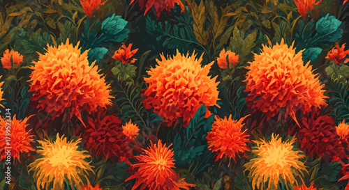 Vibrant Orange and Red Floral Pattern with Detailed Textures.