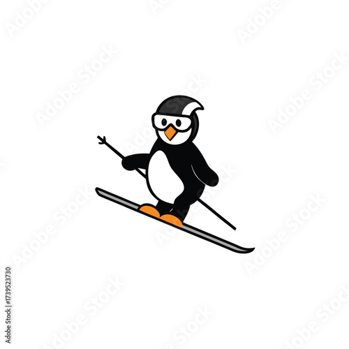 Humorous penguin in sunglasses skiing downhill with ski poles having fun