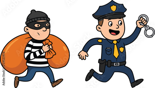 Cartoon police officer chasing thief with money bag, crime prevention, law enforcement, justice concept, vector illustration for education and business