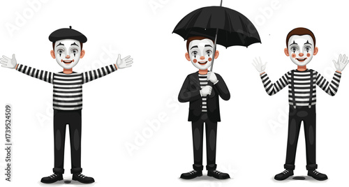 Three Classic Mime Artists in Expressive Poses with Striped Outfits, Face Paint, Umbrella, Beret, and Suspenders on White Background