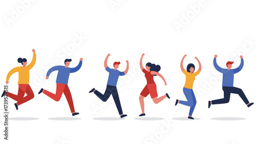 Joyful Diverse Group Jumping and Celebrating Success - Flat Design Illustration