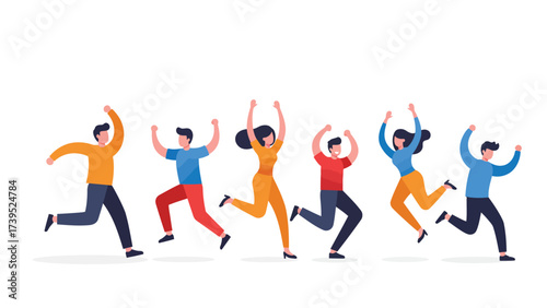 Joyful Diverse Group Jumping and Celebrating Success with Arms Raised