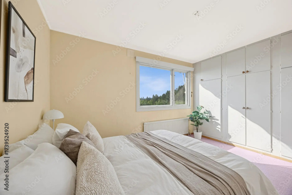 Fototapeta premium Modern luxury bedroom interior in minimal scandinavian style, 3d render