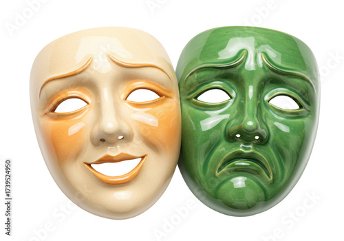 Comedy and tragedy masks isolated on transparent background, theatrical drama symbols representing the duality of human emotions