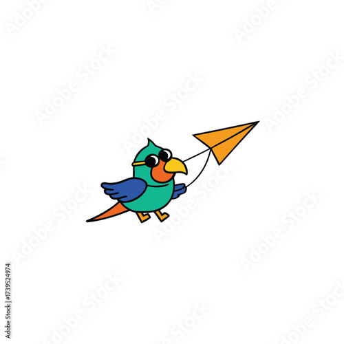 Whimsical parrot with sunglasses flies a paper airplane kite cheerful adventure