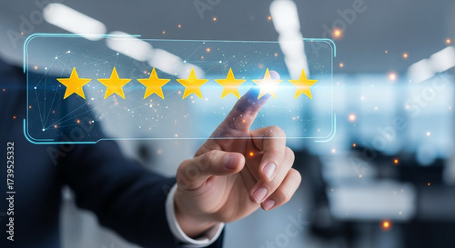 Customer enthusiastically selects five stars to rate exceptional service and product quality, showcasing digital feedback excellence