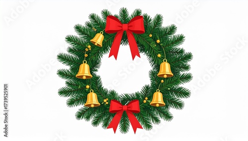 Flat design Christmas wreath with pine branches, red ribbon and golden bells on white background