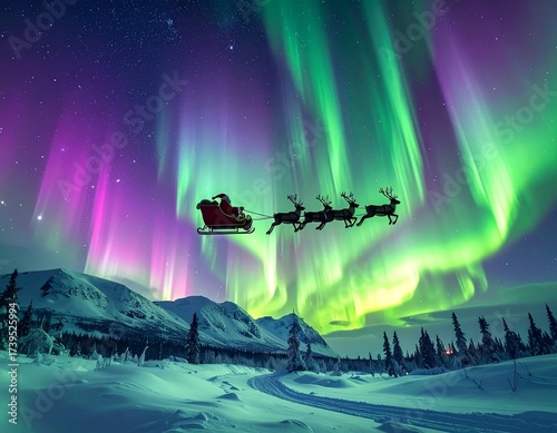 Ein zauberhafter Nachthimmel über einer verschneiten Landschaft, erleuchtet von schillernden Polarlichtern in Grün- und Lilatönen