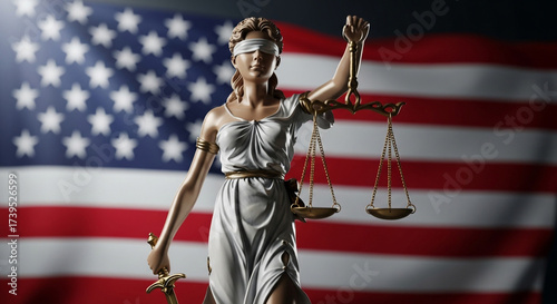 Lady Justice statue with blindfold holding scales and sword against blurred American flag symbolizing law and justice in the USA