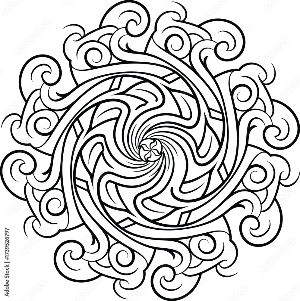Fototapeta premium Decorative Lingnan Guangdong swirl mandala with cloud-spiral and dragon-inspired geometry, traditional heritage art