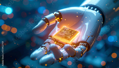 Digital Embrace: A robotic hand gently cradles a glowing, futuristic microchip, bathed in digital light, representing the power of artificial intelligence.