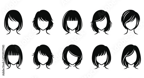 Vector illustration of set of black and white silhouette icons representing various womens hairstyles, isolated on a