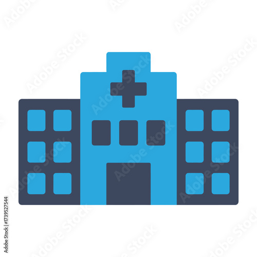 Illustration of a blue hospital building with a cross isolated on white background