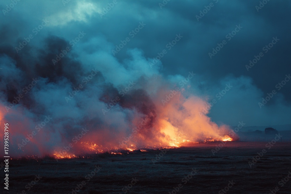 Fototapeta premium Wildfire burning dry grass in a field, creating large smoke plumes under a dark sky