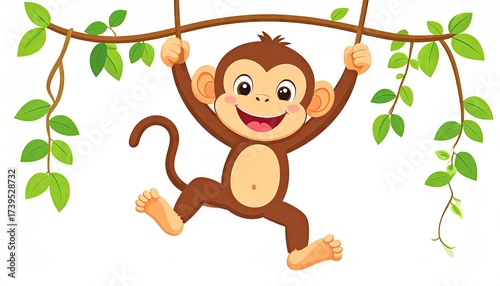 Smiling Monkey Hanging on Vine with Lush Green Foliage on White Backdrop