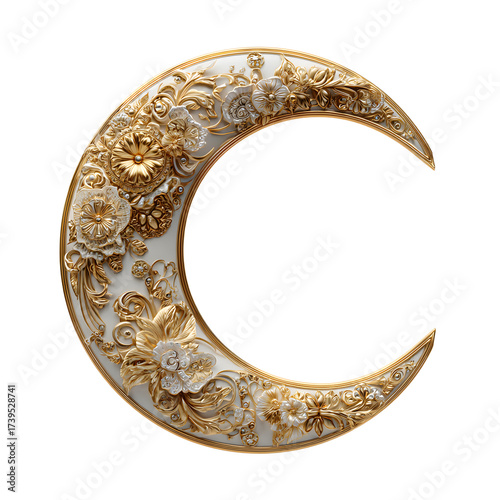 Elegant Gold Vintage Crescent Moon Ornament on Floral Background