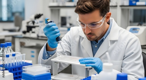 Scientist working in a laboratory with pipette and test tubes doing research and development work