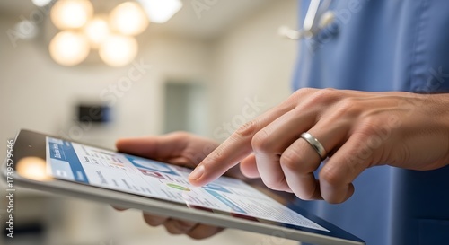 Close up of a doctor using a tablet in a medical setting for patient information and healthcare management
