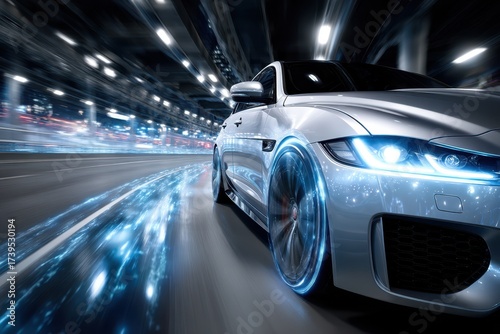 High-speed silver car driving through a futuristic illuminated tunnel at night